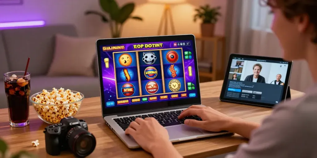 Engaging user playing slot online at home with snacks and vibrant game graphics.