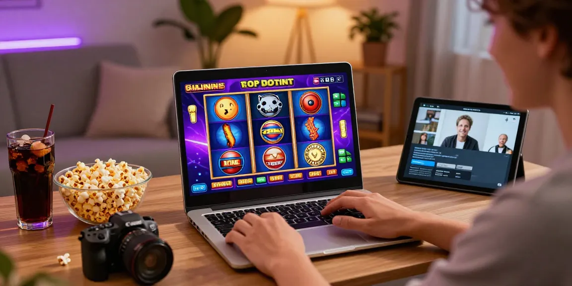 Engaging user playing slot online at home with snacks and vibrant game graphics.