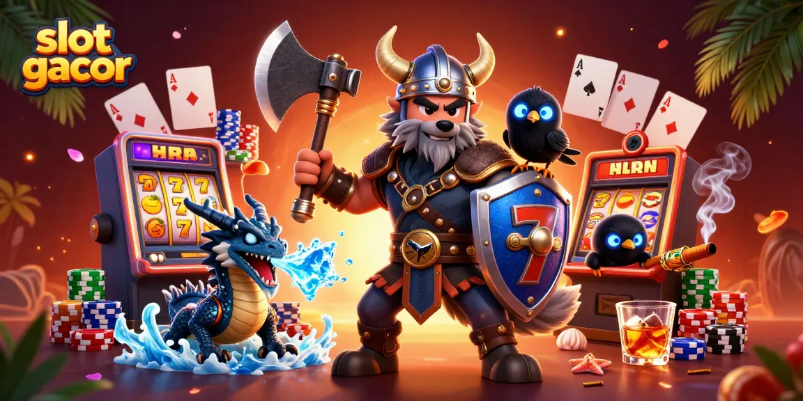 Spin to win with slot gacor featuring a Viking wolf warrior and a fierce dragon in an exciting casino scene.