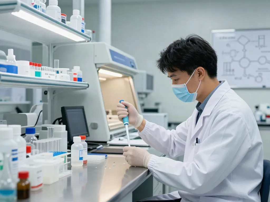 Bacteriostatic water 2ml preparation in a clean laboratory by a researcher.