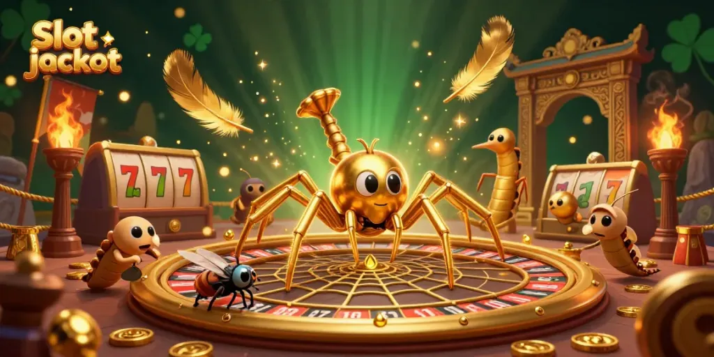 Experience the excitement of slot jackpot gaming with captivating golden spider and croupier in a dynamic casino scene.