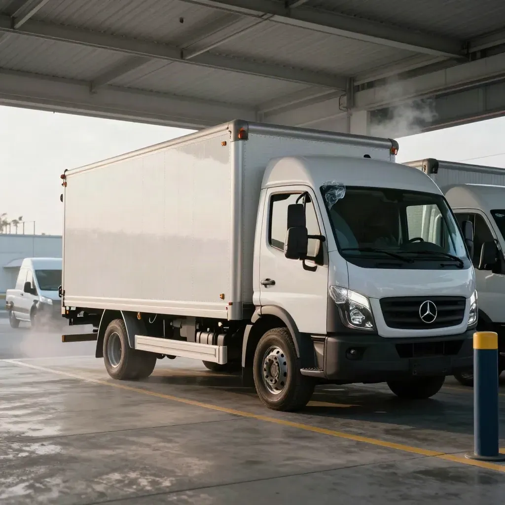 Box truck and two vans settling into a fleet acquisition bay in cool mist.