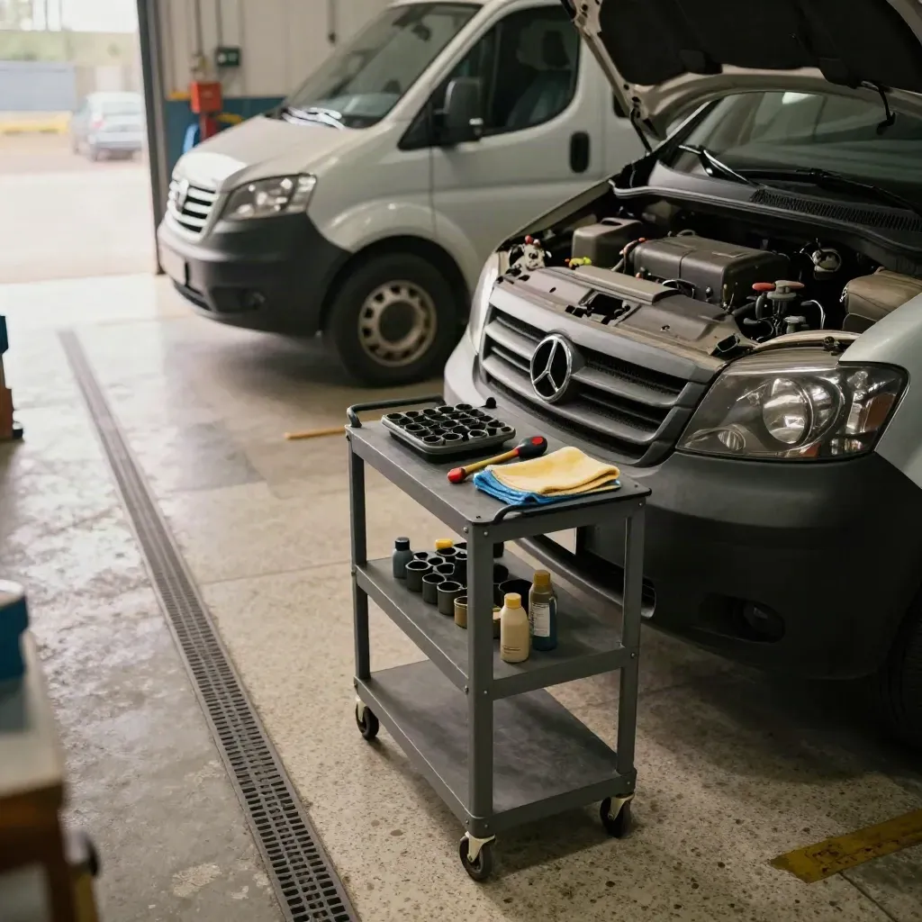 Open van in garage lane with tools trolley and second van waiting for maintenance.