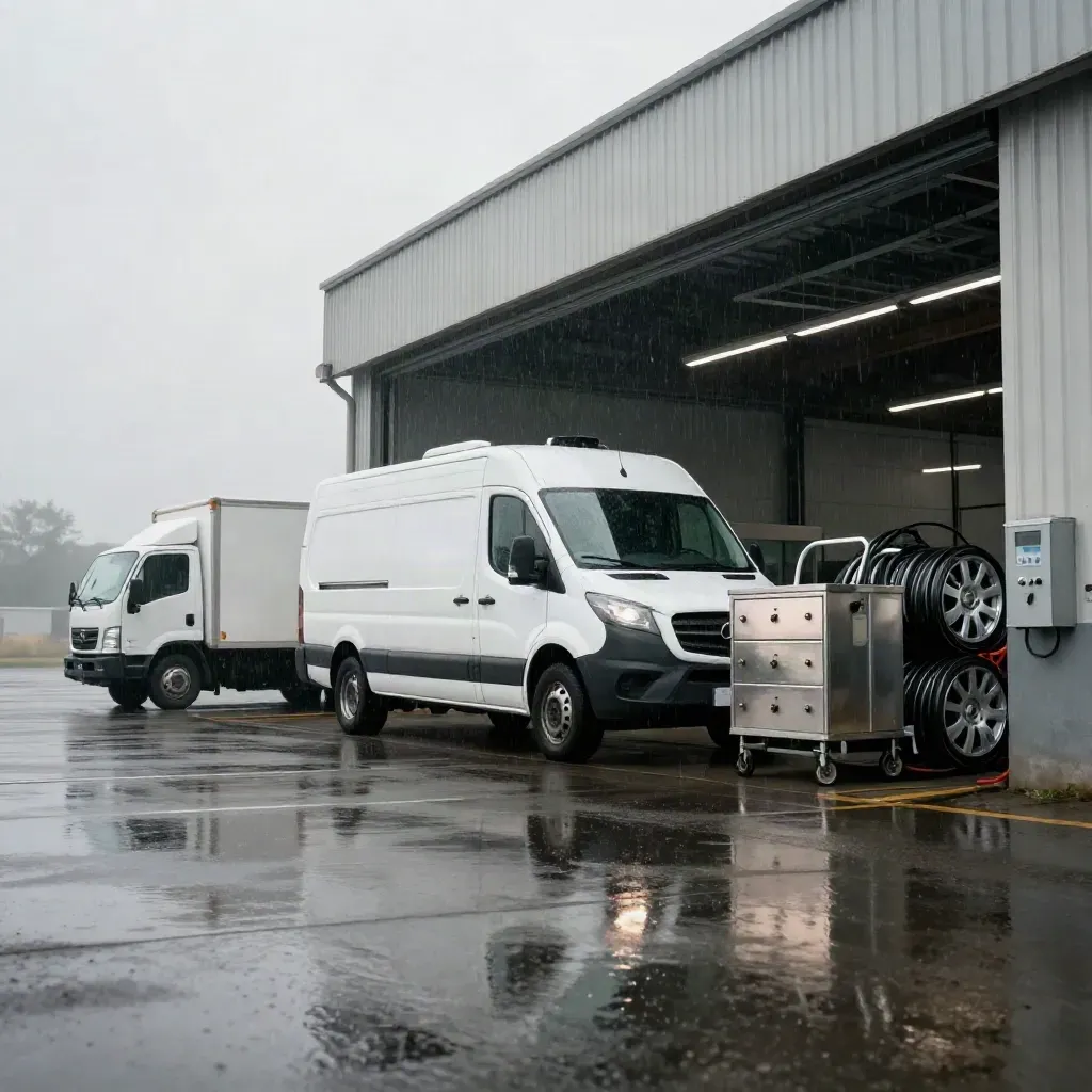White fleet van in rainy depot beside truck, trolley, wheels and key cabinet