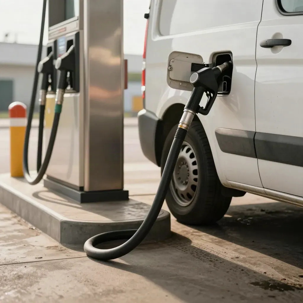 White van, closed fuel cap, hose returning to cradle at a diesel forecourt lane.