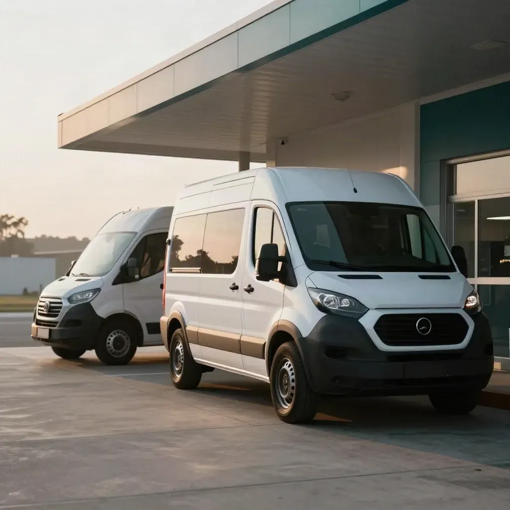 Two leased panel vans under a service canopy in morning haze, ready for handoff.