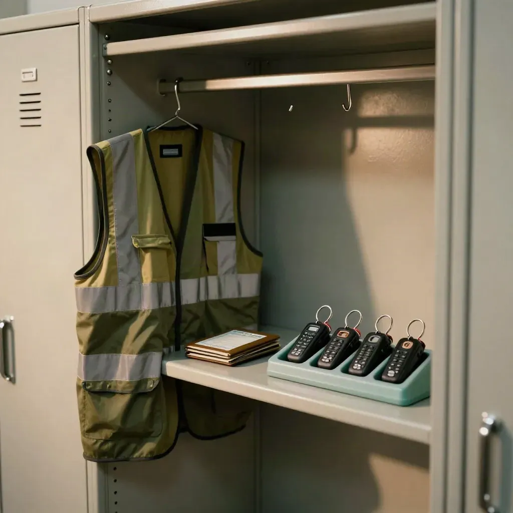 Locker bay with hi-vis vest, licence wallet, radio cradle, and ignition fobs in tidy order.