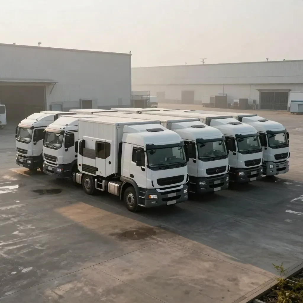 Sixteen new truck cabs staged in misty dawn light at a depot