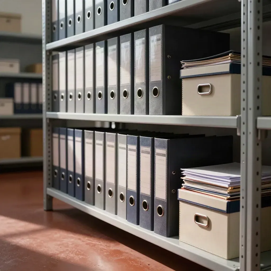 Archive shelf of closed binders and sealed boxes in a dramatic compliance store