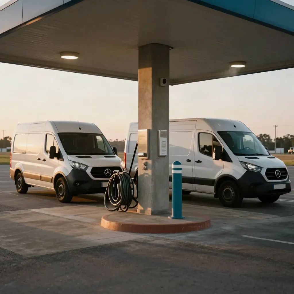 Two vans at a clean refuelling depot corner beside a diesel tank and hose reels in warm late light.
