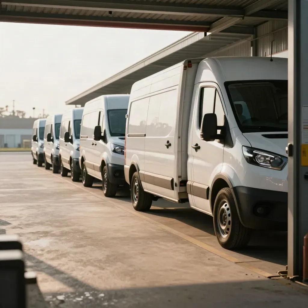 Row of repaired white vans and a box truck outside an open workshop in warm sunlight.
