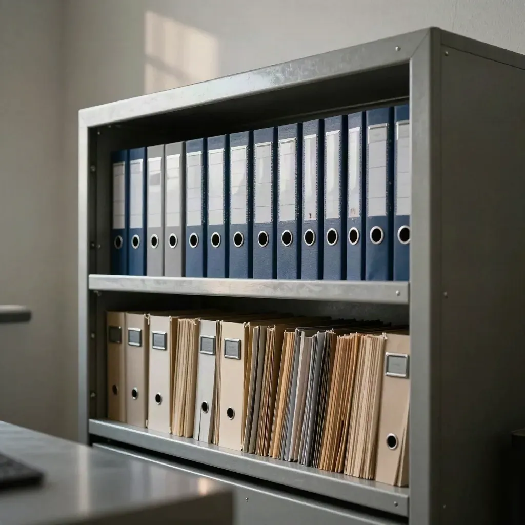Locked archive cabinet with sealed folders and inspection boxes in a tidy records room.