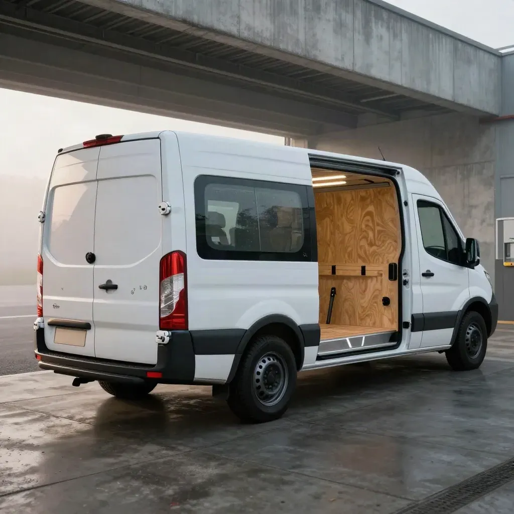Two white replacement vans ready beside a service bay in morning mist