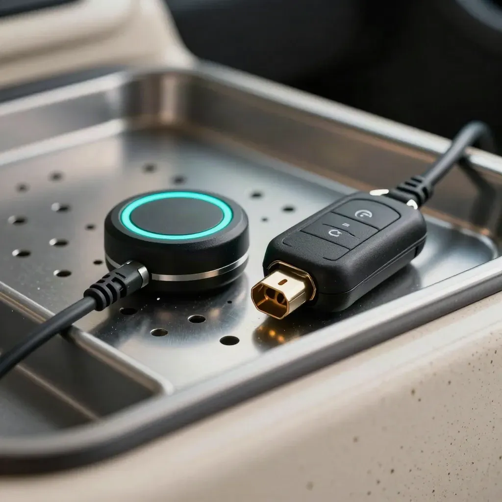 Macro of a telematics puck, key fob, and OBD plug docked in a perforated steel tray.