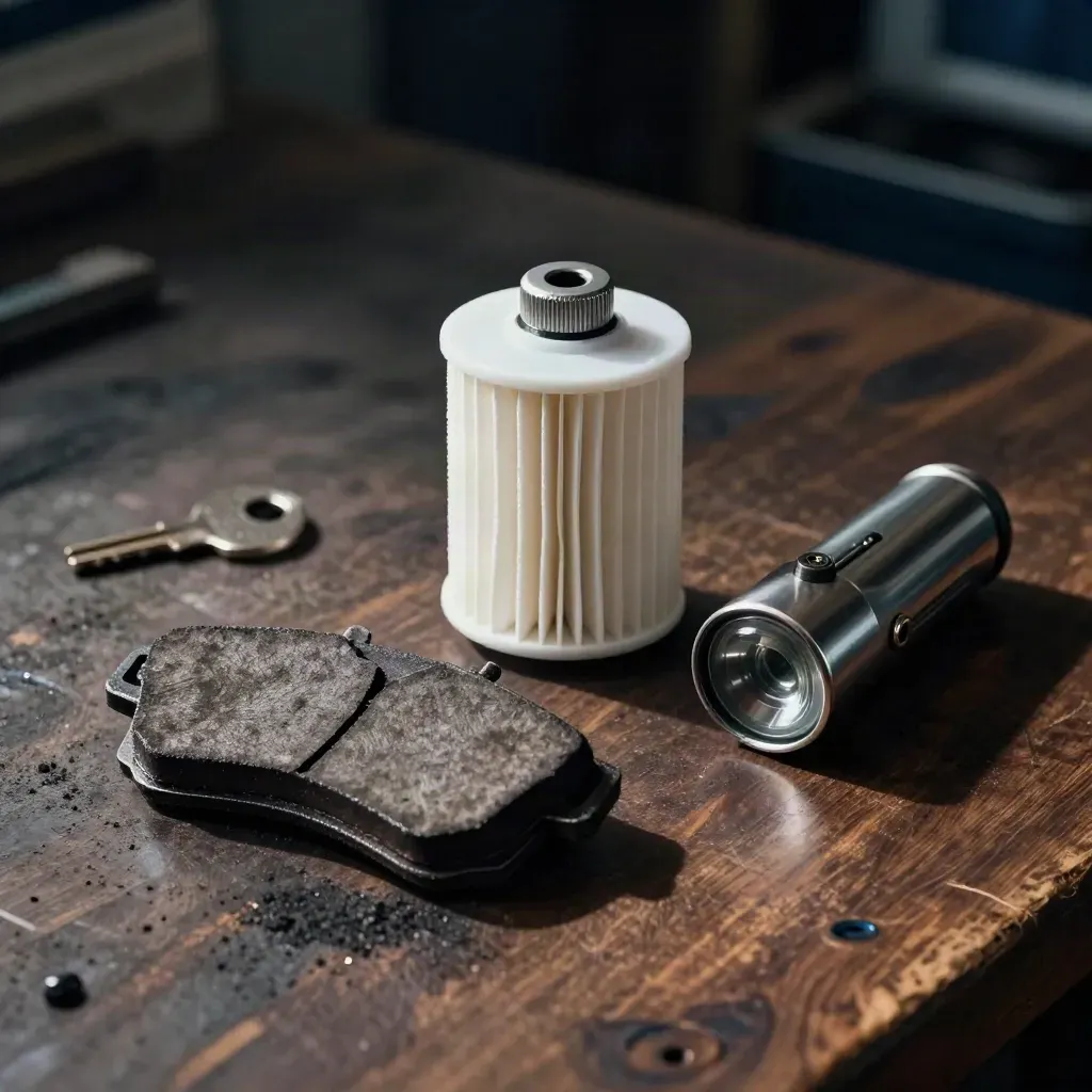 Brake pad, oil filter and service torch on a dark workshop bench in dramatic side light.