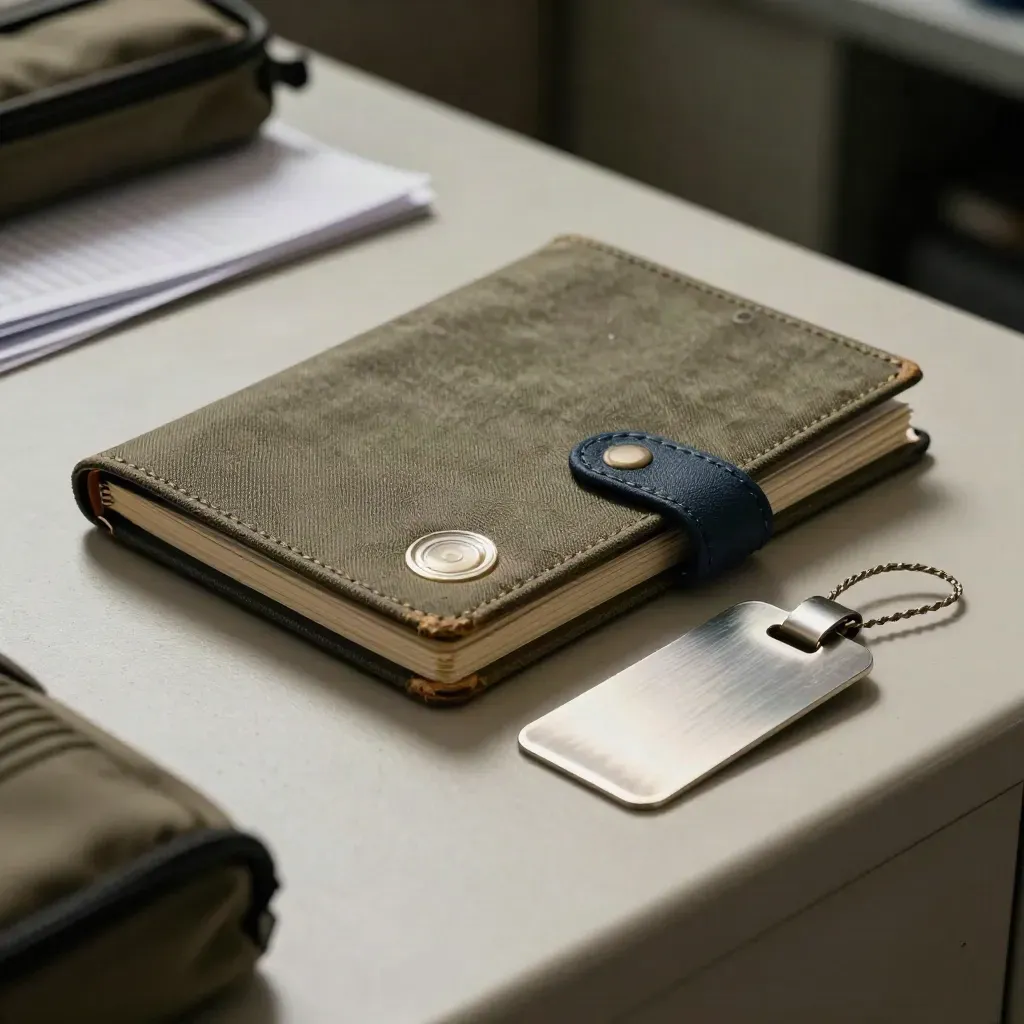 Closed fleet compliance logbook, seal, and steel inspection tag on an archive surface.