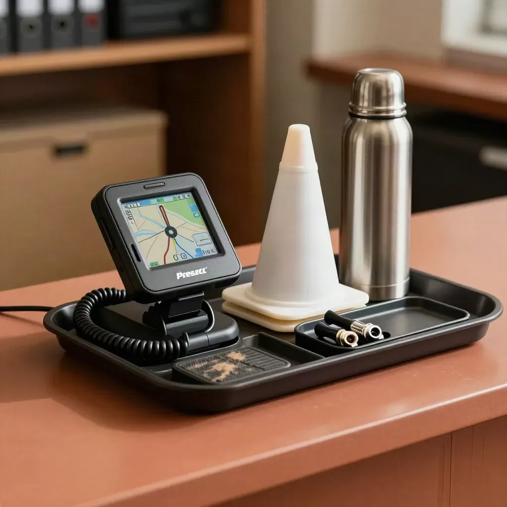 Fleet dispatch tray with radio charger, GPS cradle, folded cone and thermos on a brushed counter.