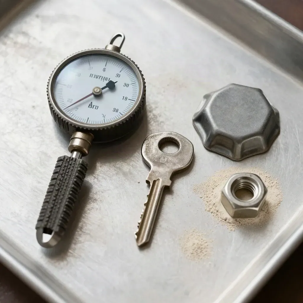 Overhead fleet review still life with tyre tread gauge, ignition key, fuel cap and wheel nut on a metal tray.