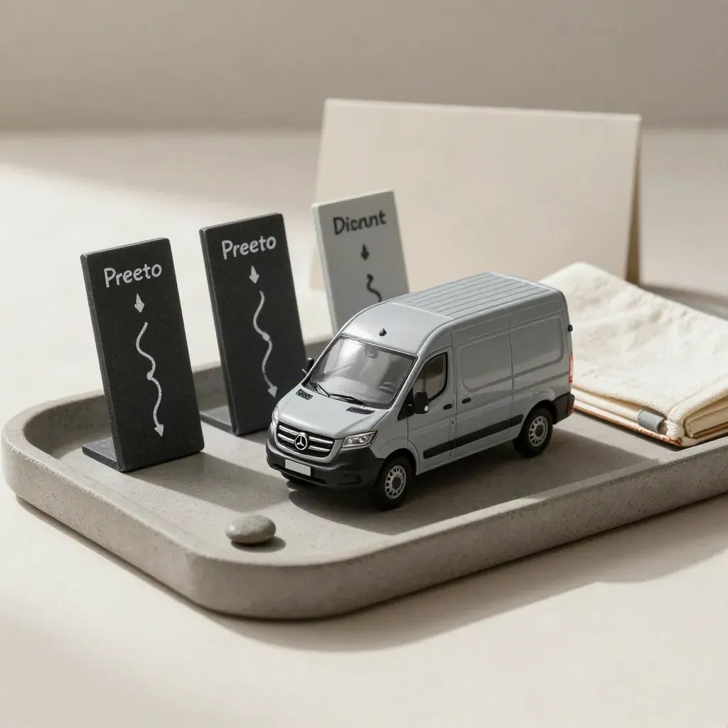 Stone tray with model van, route markers and closed notebook in soft side light.