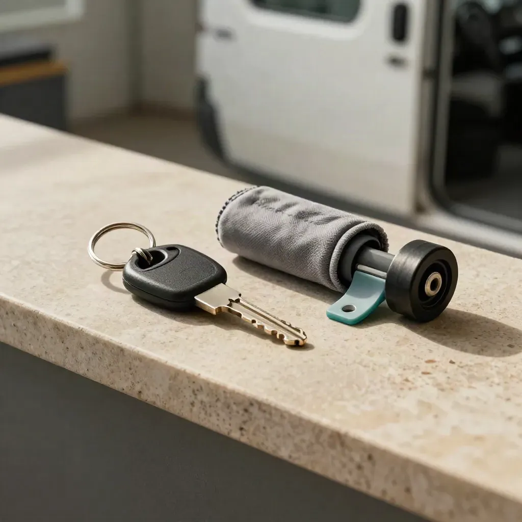 Ignition keys, wrapped spare fob and wheel chock on a limestone shelf beside a door seal clip.