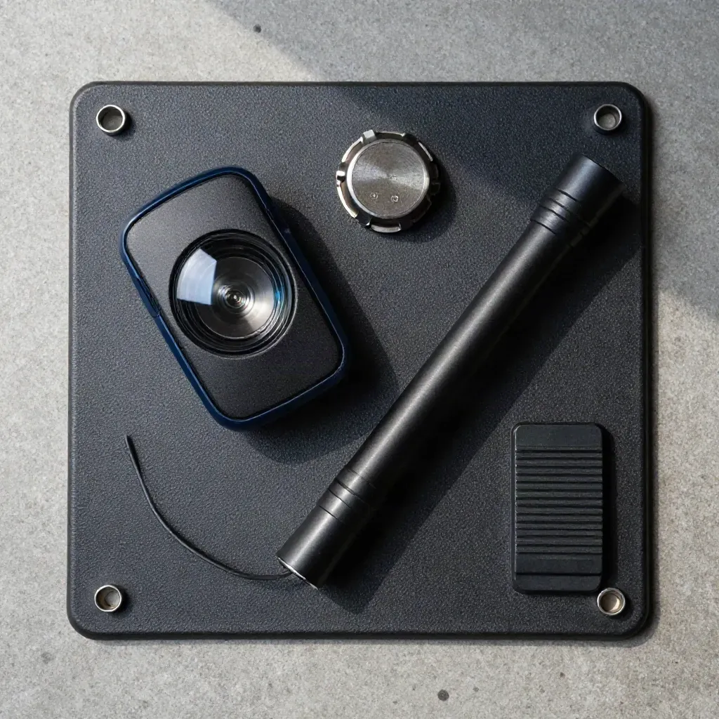 Top-down flatlay of fleet beacon, fuel cap, and inspection torch on a rubber mat.