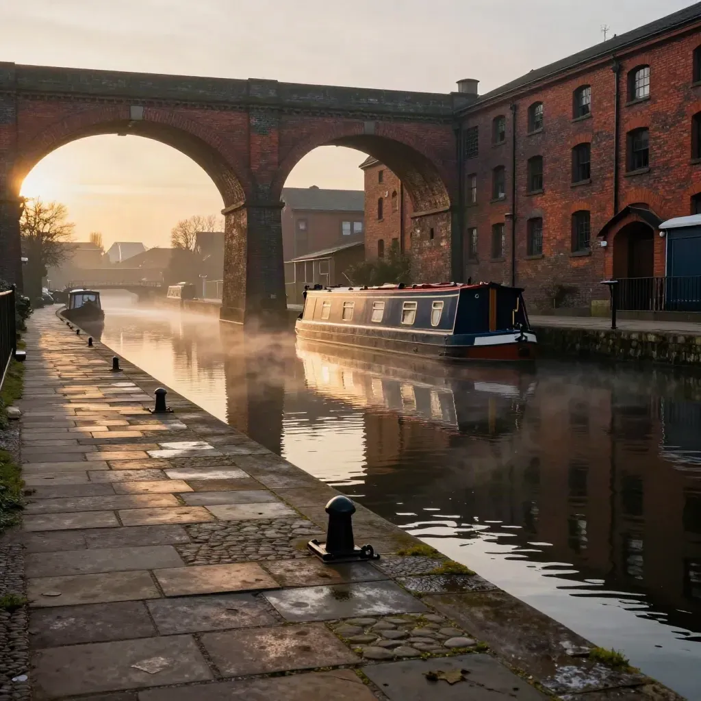 Golden-hour Birmingham canal basin with brick viaducts and calm water for copy.