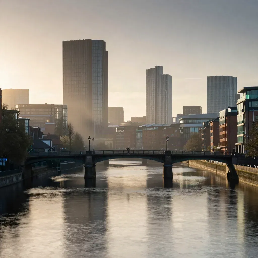Manchester skyline and canal bridges in warm haze over calm water, square composition.