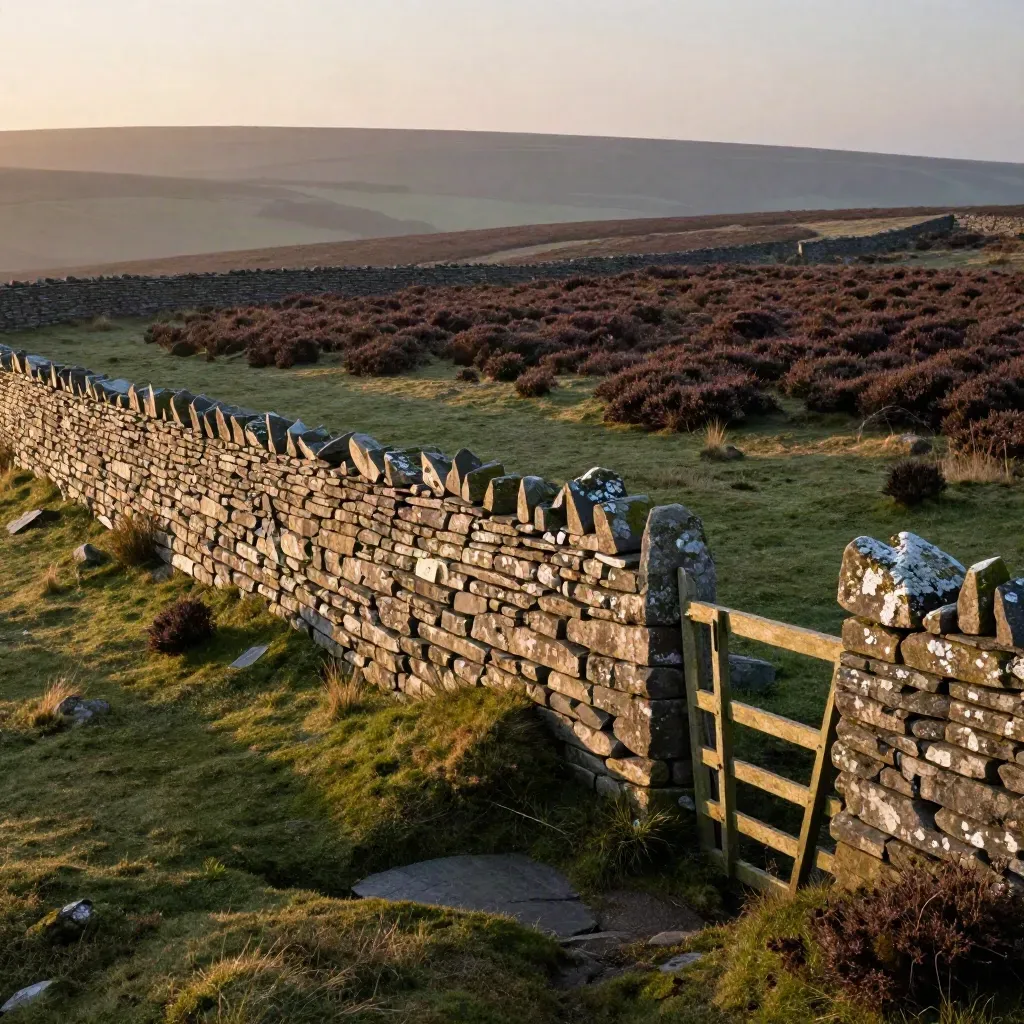 Yorkshire stone wall glowing over misty moorland with calm copy space below