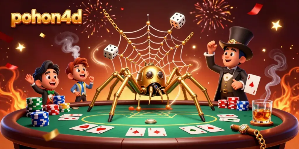 Pohon4d captivates players with a whimsical steampunk scene of a golden spider, poker elements, and celebratory confetti.