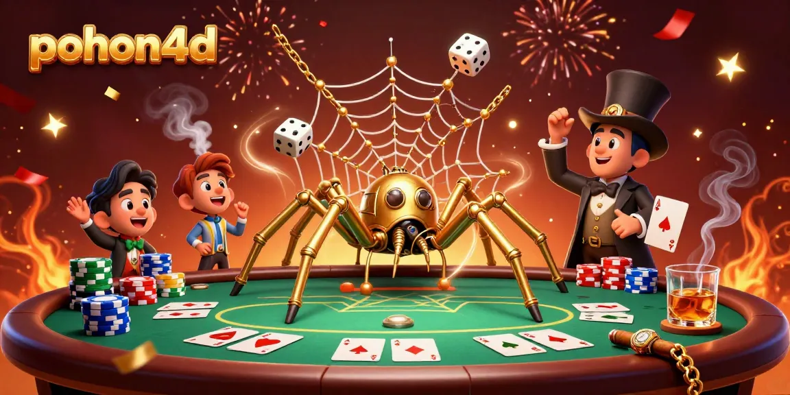 Pohon4d captivates players with a whimsical steampunk scene of a golden spider, poker elements, and celebratory confetti.