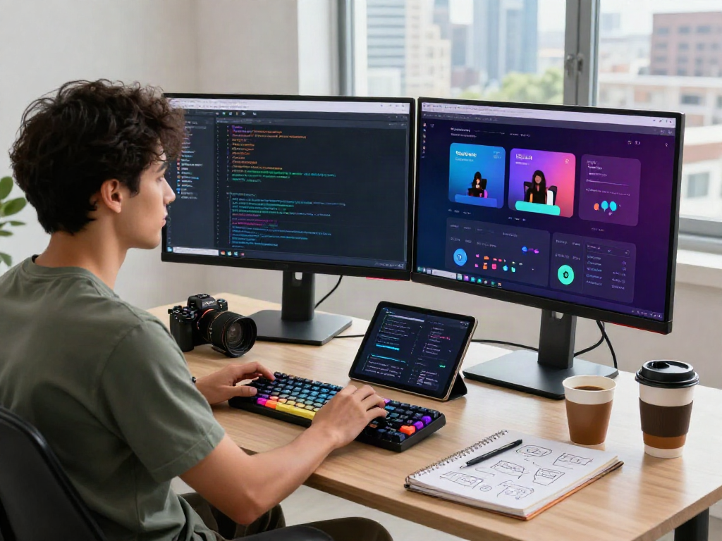 Engaged developer demonstrating pikashow apk download at a digital workspace with vibrant code, emphasizing tech creativity.