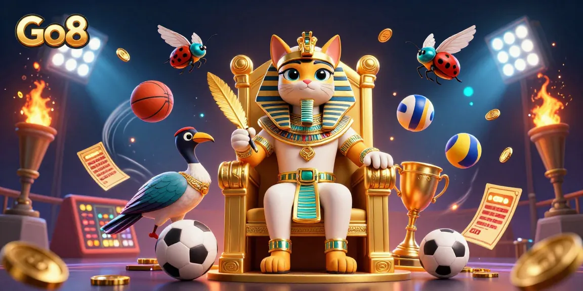 Engage in Go8 sports betting with vibrant 3D Egyptian-themed illustration showcasing dynamic casino elements.
