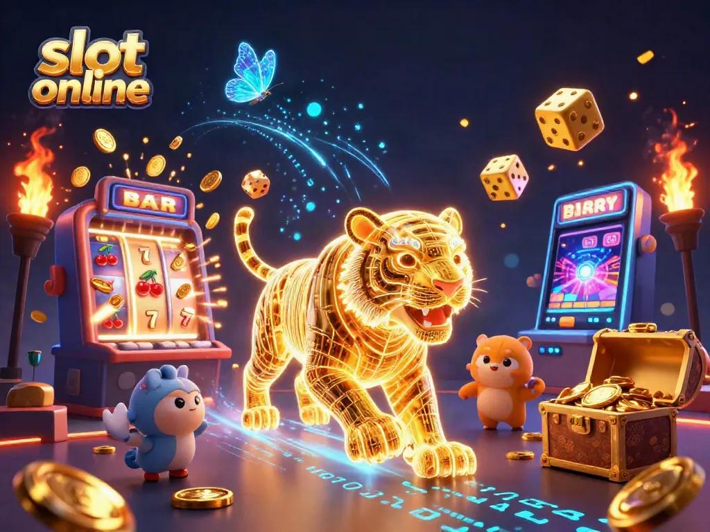 Play exciting slot online games with vibrant golden tiger and jackpot symbols in a dynamic casino scene.