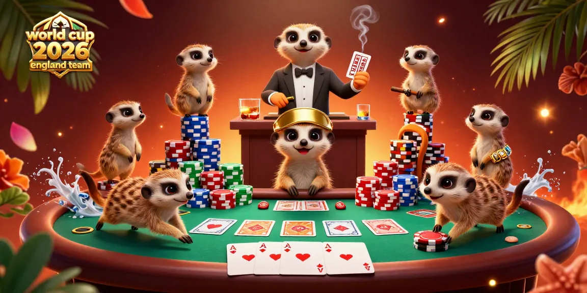 Engaging scene with the world cup 2026 england team meerkats in vibrant casino action, dynamic gambling atmosphere