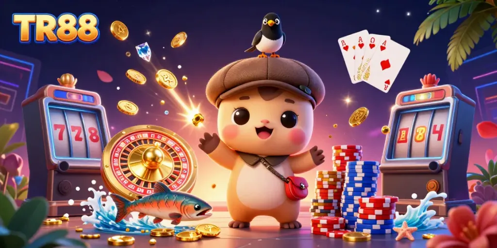 Engage with TR88's vibrant online casino scene featuring playful characters and dynamic gaming elements.