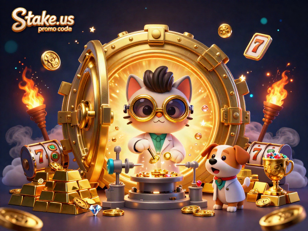 Spin to win big with stake.us promo code while a mad scientist cat creates golden coins surrounded by treasures.