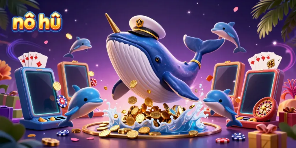Nổ hũ: A whale breaching through a sea of coins with dolphins and slot games in a vibrant casino scene.