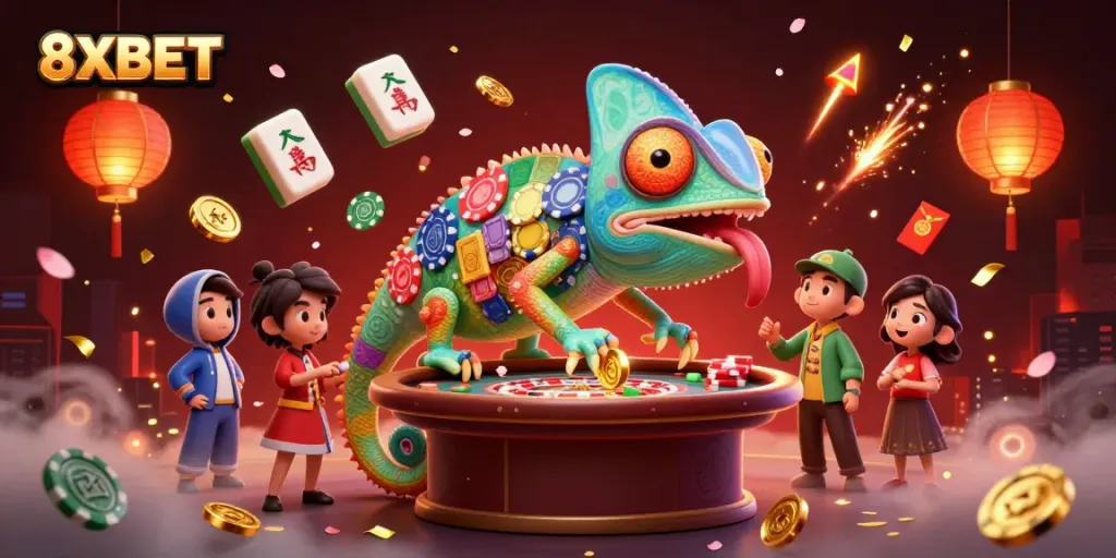 Engage in thrilling casino experiences with 8XBET's vibrant 3D digital illustration showcasing a chameleon owner.