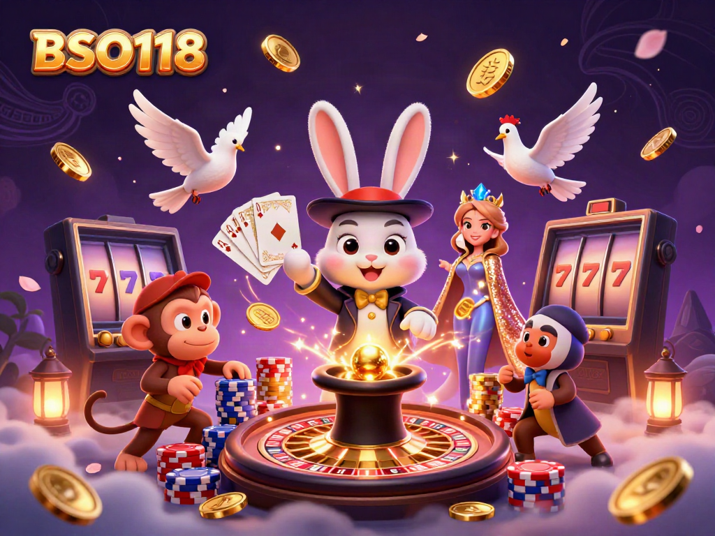 Engage with BSO118 as a 3D magician rabbit pulls coins while a dove and monkey enrich the gambling scene.