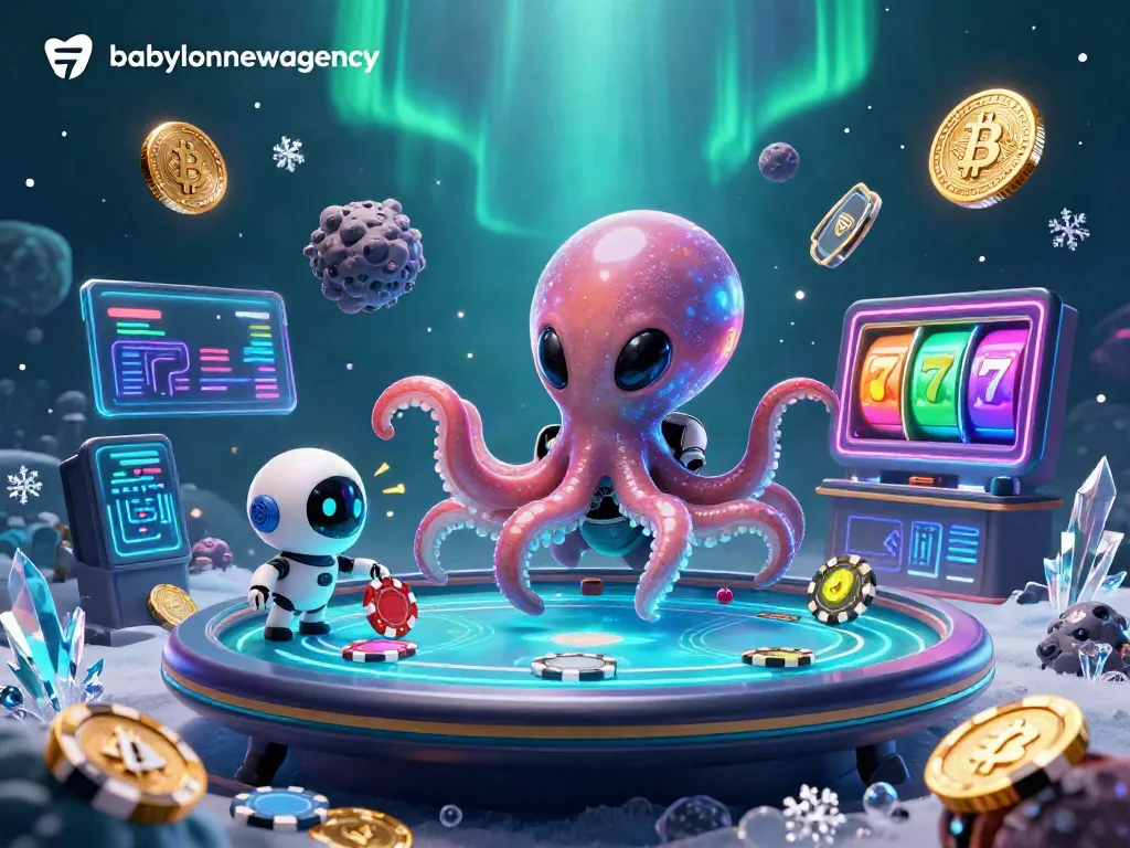 Experience thrilling gameplay with an alien octopus at babylonnewsagency amidst holographic poker tables and orbiting coins.