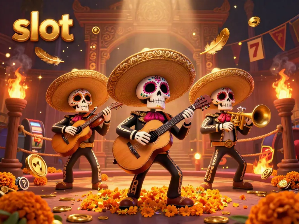 Engaging illustration of a skeleton mariachi band featuring slot reels, vibrant celebrations, and gambling elements.
