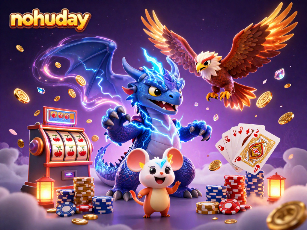 Nohuday showcases a thunder dragon amid cascading coins and slot reels, illustrating a vibrant gaming experience.