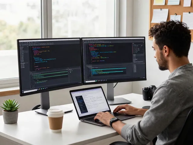 Developer utilizing a unified LLM API in a modern software workspace with dual monitors and coding tools.