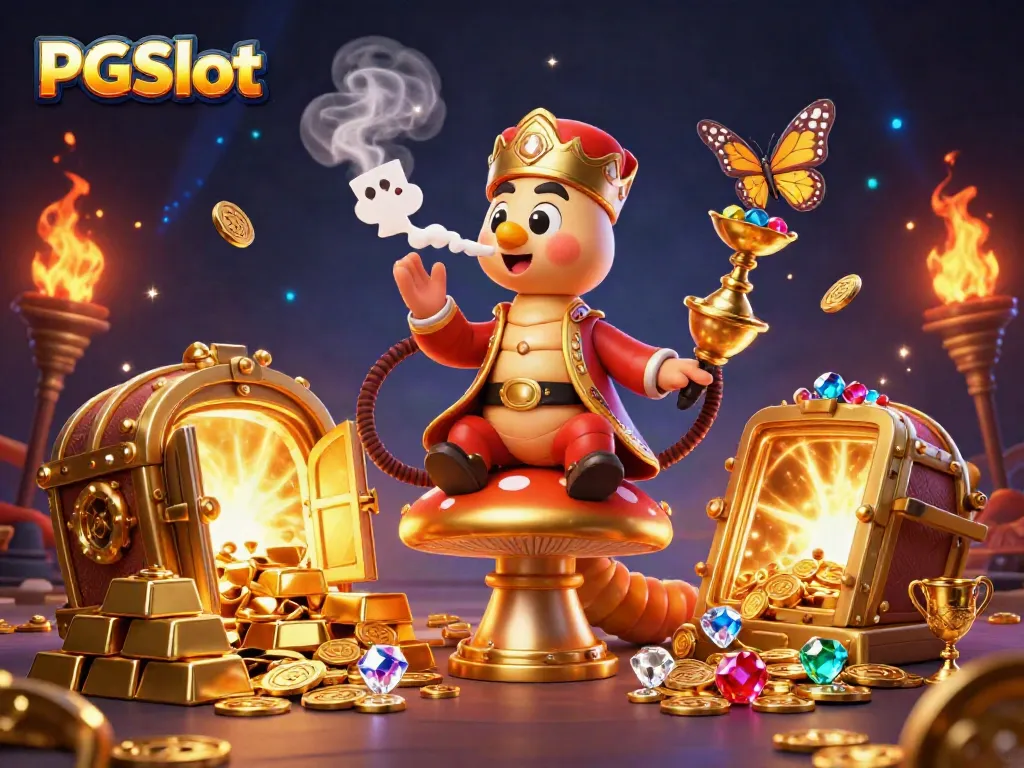 Engage with PGSlot's vibrant gaming themes in a magical 3D illustration packed with casino treasures.