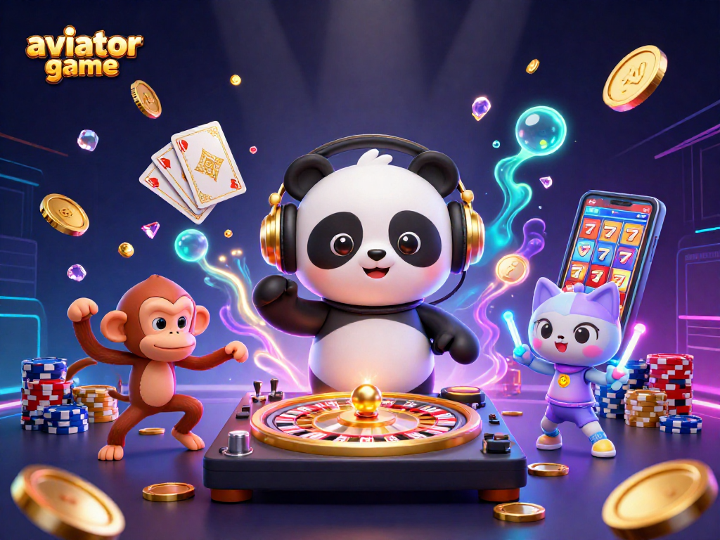 Engage with the aviator game amidst colorful casino elements featuring a DJ panda, dancing monkey, and rave kitten.