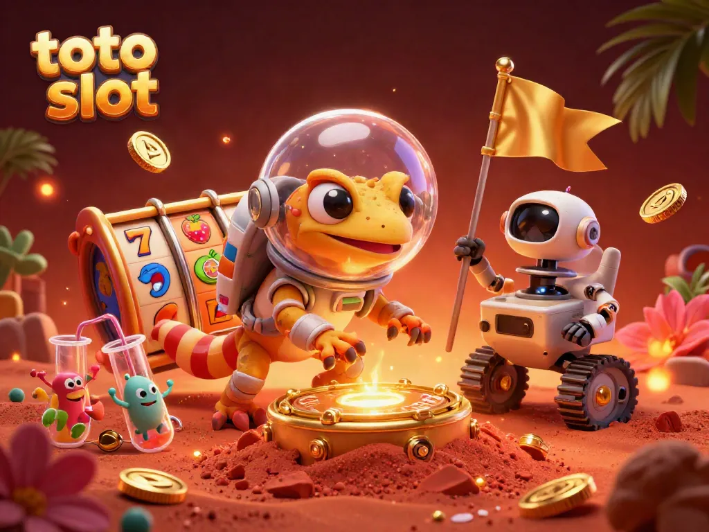 Experience thrilling toto slot gameplay with a Martian gecko discovering a golden casino in a vibrant scene.