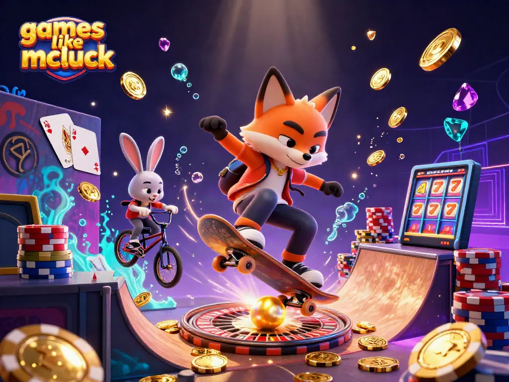 Play fun casino-themed activities with games like mcluck in a vibrant, dynamic scene featuring energetic characters.