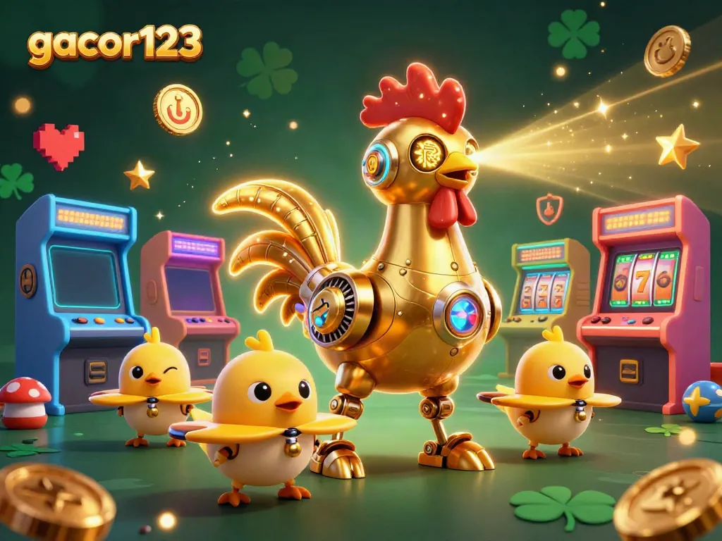 Engage with gacor123's vibrant gaming universe, featuring a dynamic golden rooster robot and arcade classics.