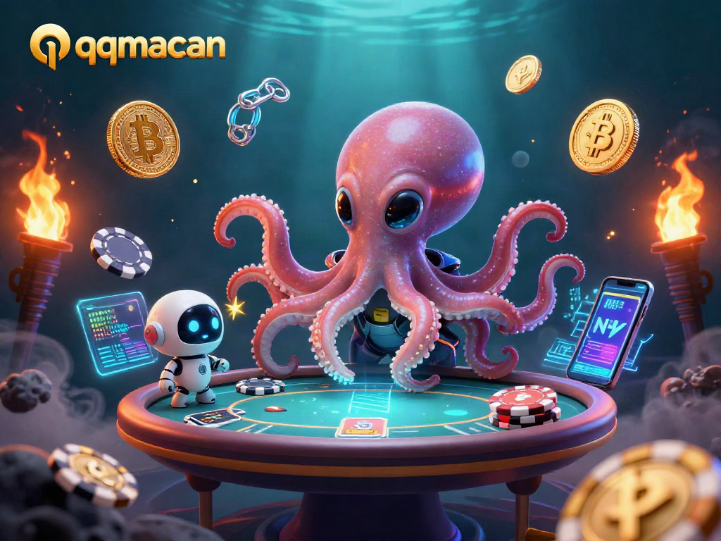 Engage in thrilling gaming with qqmacan’s alien octopus at a holographic poker table.
