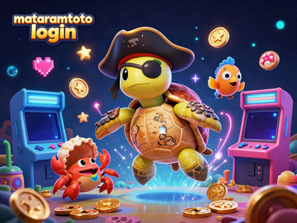 Engage with mataramtoto login through a vibrant 3D pirate-themed illustration featuring treasure and arcade gaming elements.